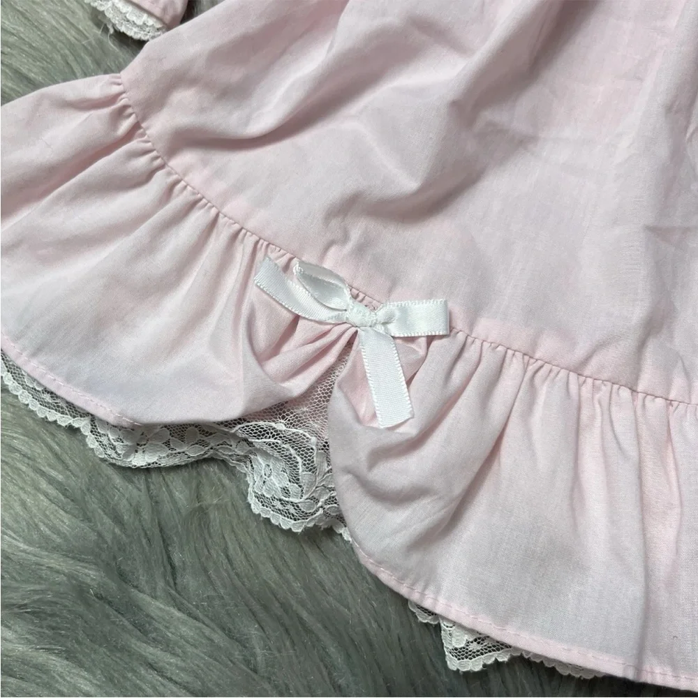 Vintage Polly Flinders Girls Pink White Smocked Ruffle Lace Dress